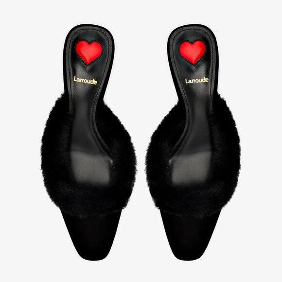 NEW LARROUDE Handmade In Brazil Suede Amal Faux Fur Kitten Heel Mules 925 13t7 - Picture 6 of 11